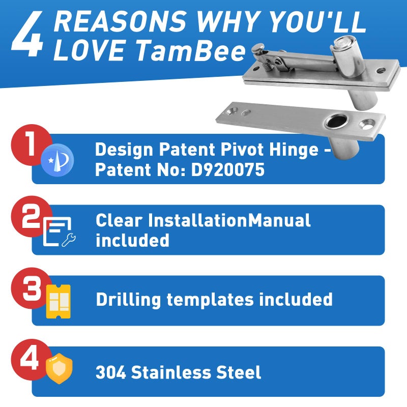 TamBee TamBee Door Pivot Hinges Heavy Duty Hinges for Wood Doors 360 Degree Shaft Stainless Steel Pivot Hinge System  - Image 3