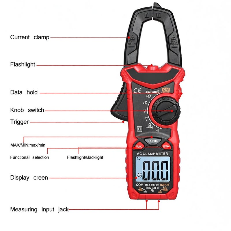 HABOTEST Digital Clamp Meter Auto Range Multimeter Voltmeter Ammeter Ohmmeter Measuring AC/DC Voltage Current Diode Resistance Continuity Capacitance Buzzer Alarm Max/Min Mode Auot Off - Image 5