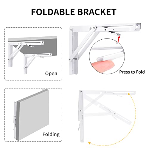 YUMORE Folding Shelf Brackets, 16 Inch Heavy Duty Collapsible Shelf Bracket, White DIY L Bracket for Workbench Folding Table Hinge, Max Load: 330lb, Pack of 2 - Image 3
