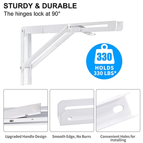 YUMORE Folding Shelf Brackets, 16 Inch Heavy Duty Collapsible Shelf Bracket, White DIY L Bracket for Workbench Folding Table Hinge, Max Load: 330lb, Pack of 2 - Image 4