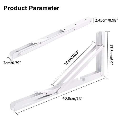 YUMORE Folding Shelf Brackets, 16 Inch Heavy Duty Collapsible Shelf Bracket, White DIY L Bracket for Workbench Folding Table Hinge, Max Load: 330lb, Pack of 2 - Image 2