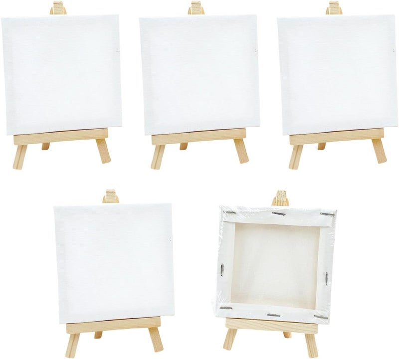 5 Mini Canvas with Easels 4x4” – Blank Canvas Boards for Kids Painting, Art Party Supplies, Small Wooden Easel Craft Set