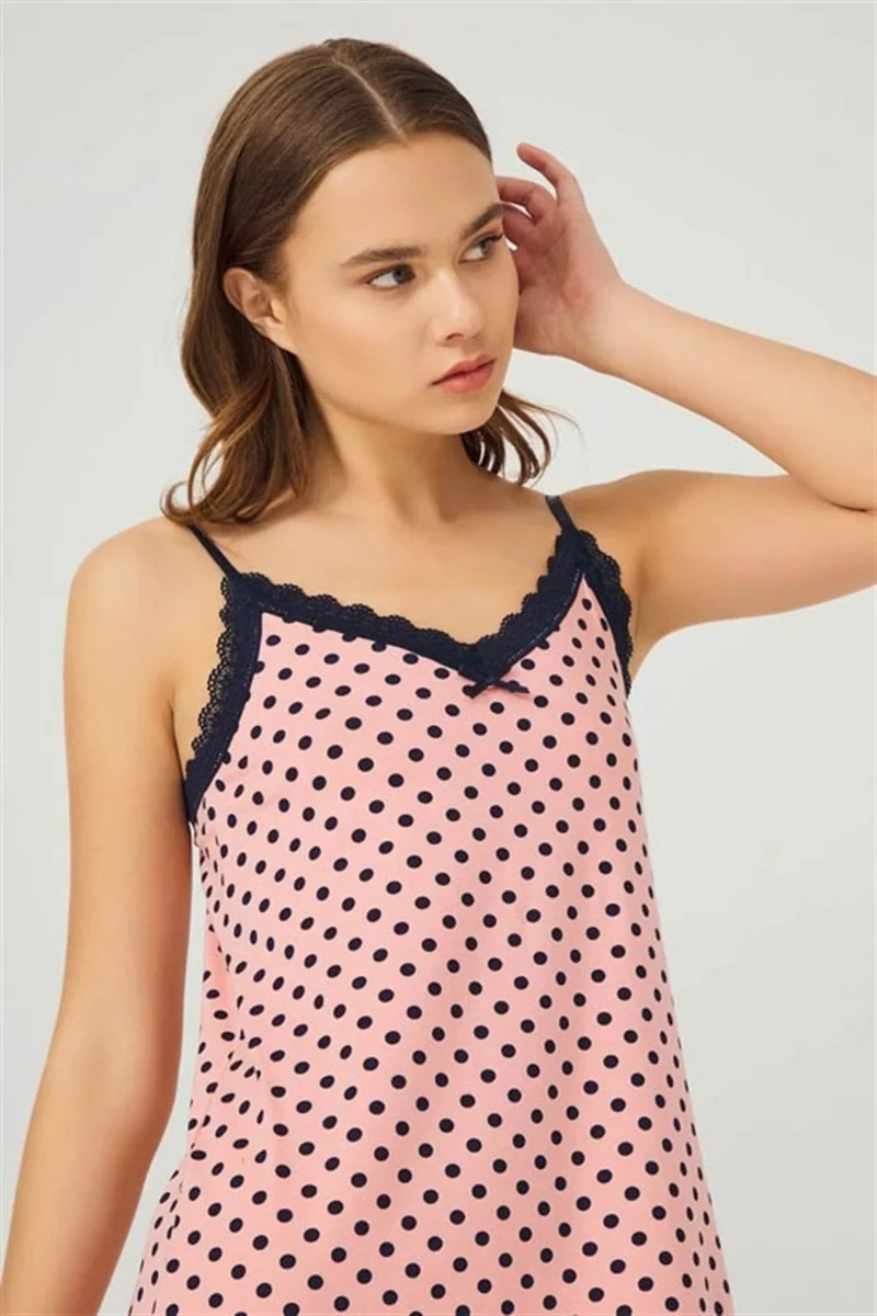 COTTONHILL Pink Navy Blue Polka Dot Thin Strap Cotton Women's Nightgown