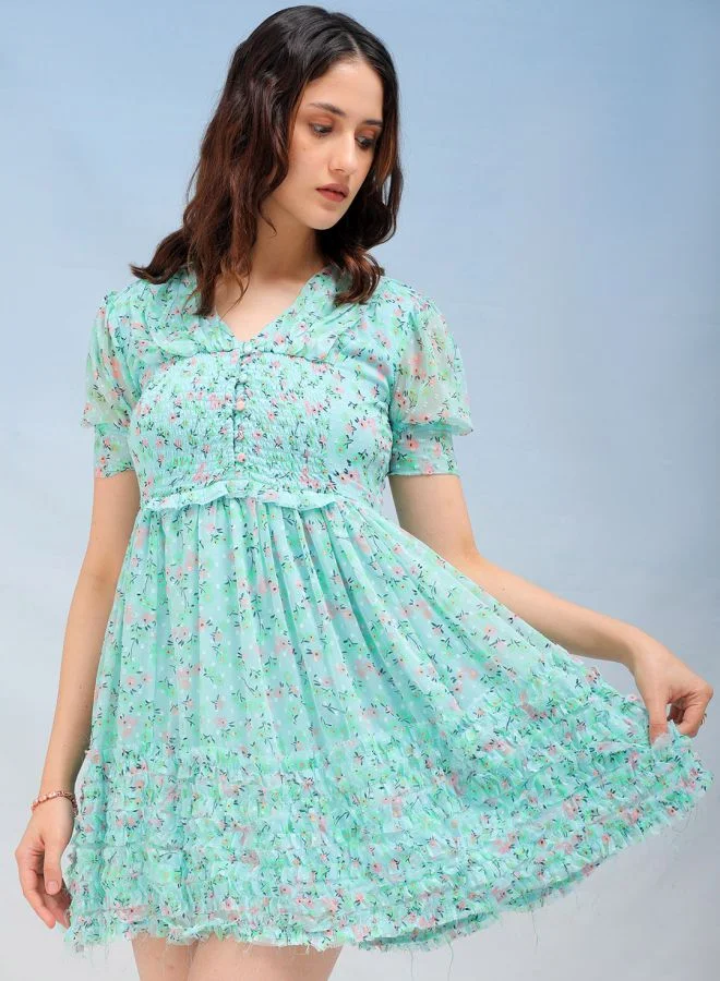 مرفوعة Women Fit and Flared Casual Ditsy Print Ruffle Dress