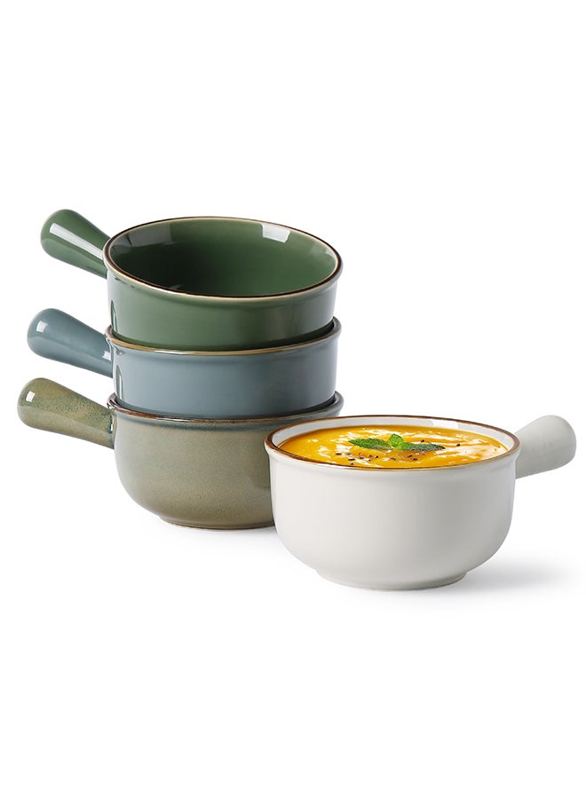 MONITO 4 Piece Set French Onion Soup Ceramic Bowls, 28oz, Stackable with Handles, Oven Microwave and Dishwasher safe, for Cereal, Soups, Casseroles - Multicolor  - Image 2