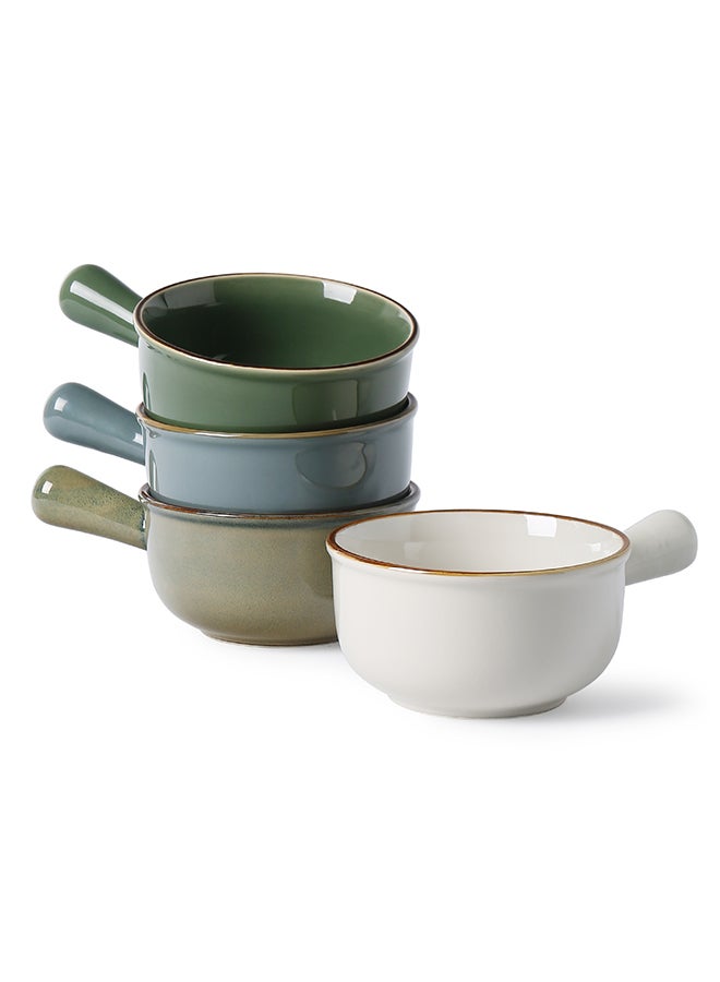 MONITO 4 Piece Set French Onion Soup Ceramic Bowls, 28oz, Stackable with Handles, Oven Microwave and Dishwasher safe, for Cereal, Soups, Casseroles - Multicolor  - Image 1