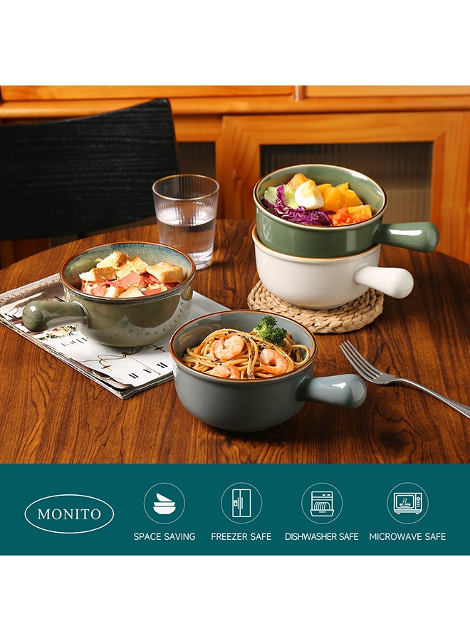 MONITO 4 Piece Set French Onion Soup Ceramic Bowls, 28oz, Stackable with Handles, Oven Microwave and Dishwasher safe, for Cereal, Soups, Casseroles - Multicolor  - Image 4