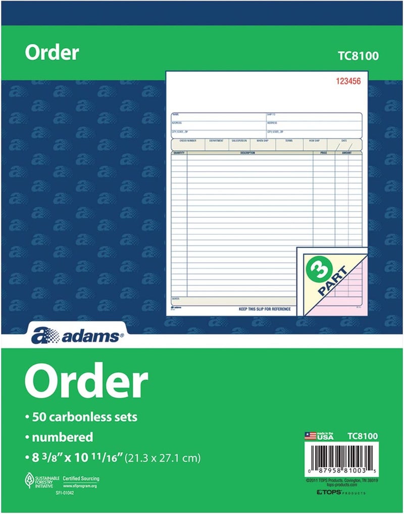 ADAMS Order Book, Carbonless, White/Canary/Pink, 3-Part, 8-3/8 x 10-11/16 Inches, 50 Sets (TC8100) - Image 2