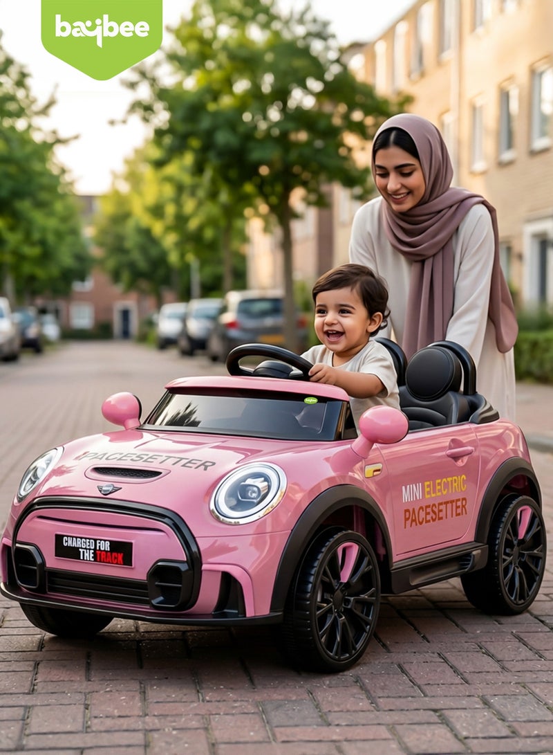 BAYBEE Cooper Childrens Electric Car for Kids, Baby Ride on Toy Childrens Battery OPerated Car with Led Light, Music, Remote Control & Swing Mode | Battery Car for Kids | Childrens Electric Ride on Car for Kids 2 to 6 Years Boy Girl Pink - Image 1