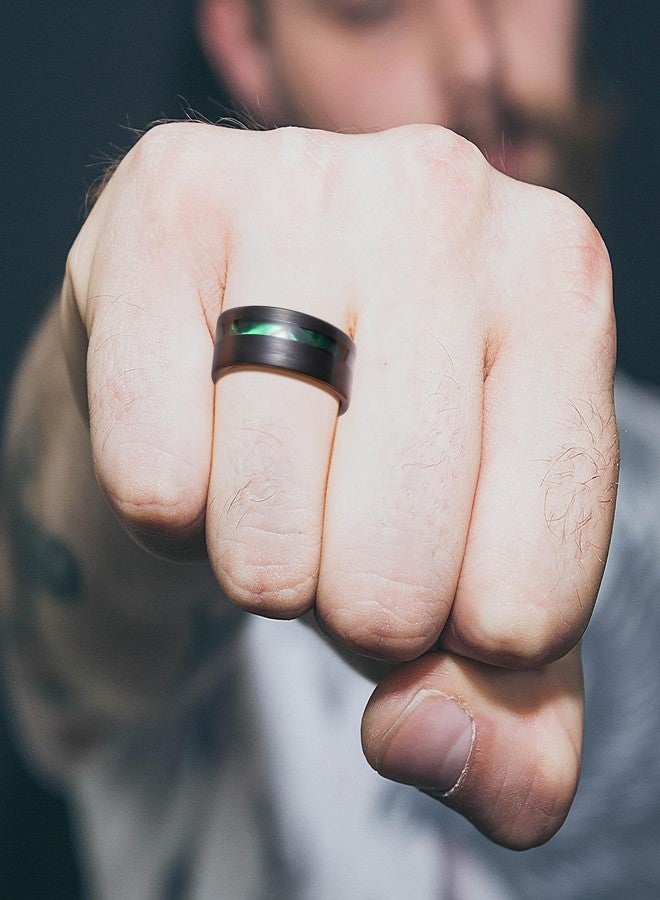 King Will 8mm Tungsten Rings for Men Black Wedding Band Gentleman with Galaxy Green Shell Sand Inlay Everyday Wear Pipe Cut Brushed Comfort Fit Size 10.5 - Image 4