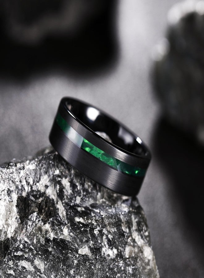 King Will 8mm Tungsten Rings for Men Black Wedding Band Gentleman with Galaxy Green Shell Sand Inlay Everyday Wear Pipe Cut Brushed Comfort Fit Size 10.5 - Image 2
