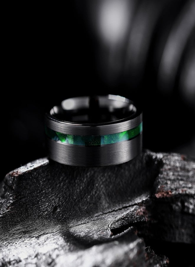 King Will 8mm Tungsten Rings for Men Black Wedding Band Gentleman with Galaxy Green Shell Sand Inlay Everyday Wear Pipe Cut Brushed Comfort Fit Size 10.5 - Image 3