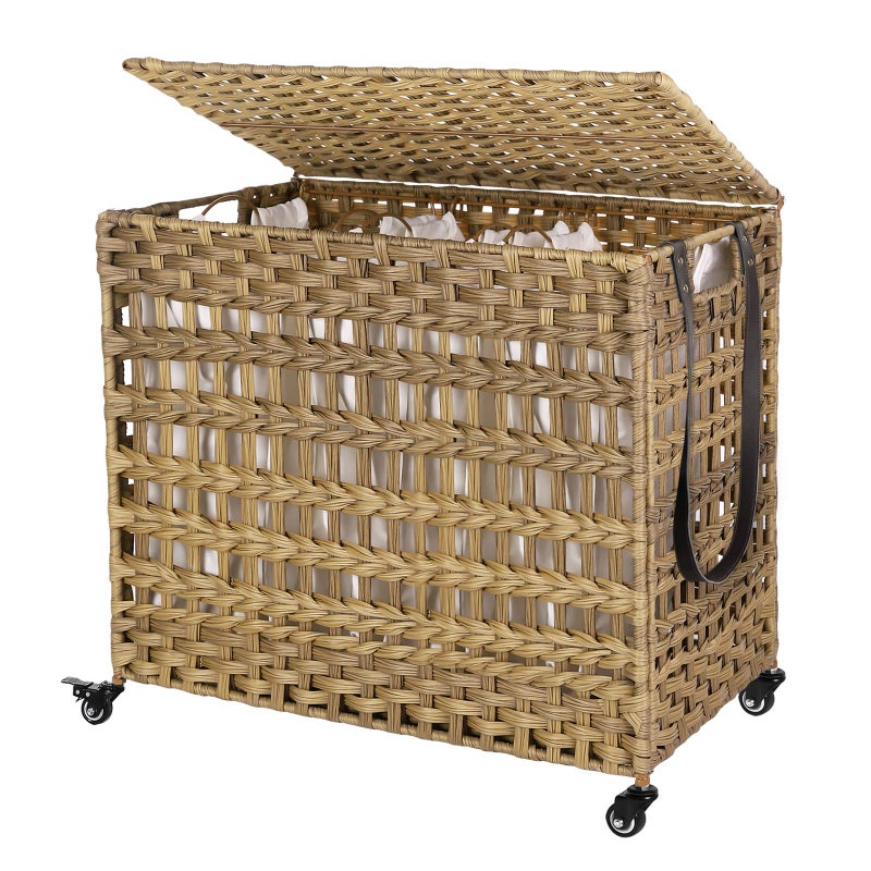 SONGMICS SONGMICS Laundry Hamper with Lid 140L Synthetic Rattan Laundry Basket with Wheels Clothes Hamper with 3 Removable Liner Bags 3Section Hampers with Handles Laundry Room Natural ULCB083N01 