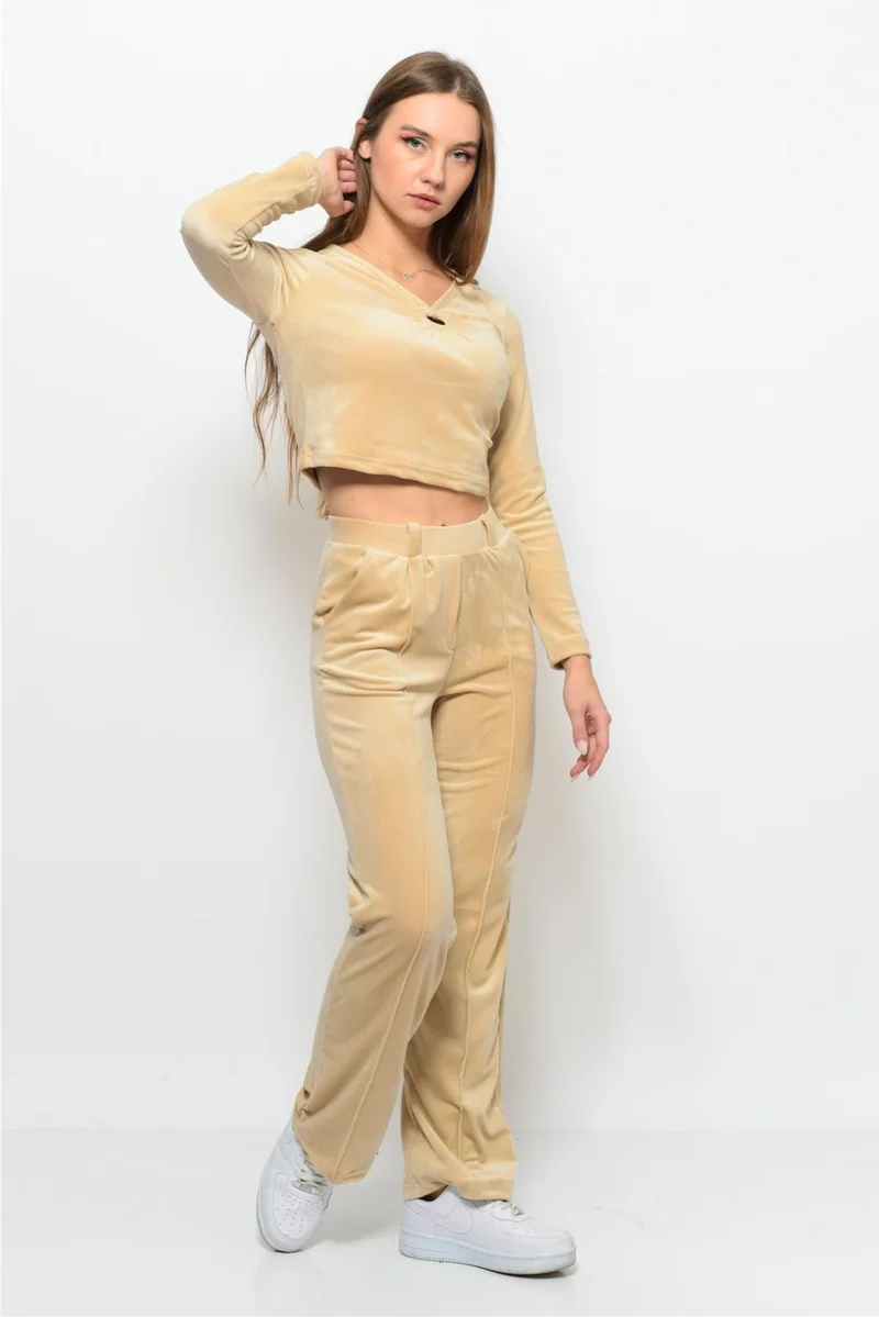 Nuseel Women's Soft Velvet Pants-Blouse Bottom Top Two Piece Set Beige