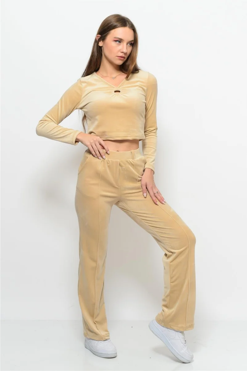 Nuseel Women's Soft Velvet Pants-Blouse Bottom Top Two Piece Set Beige