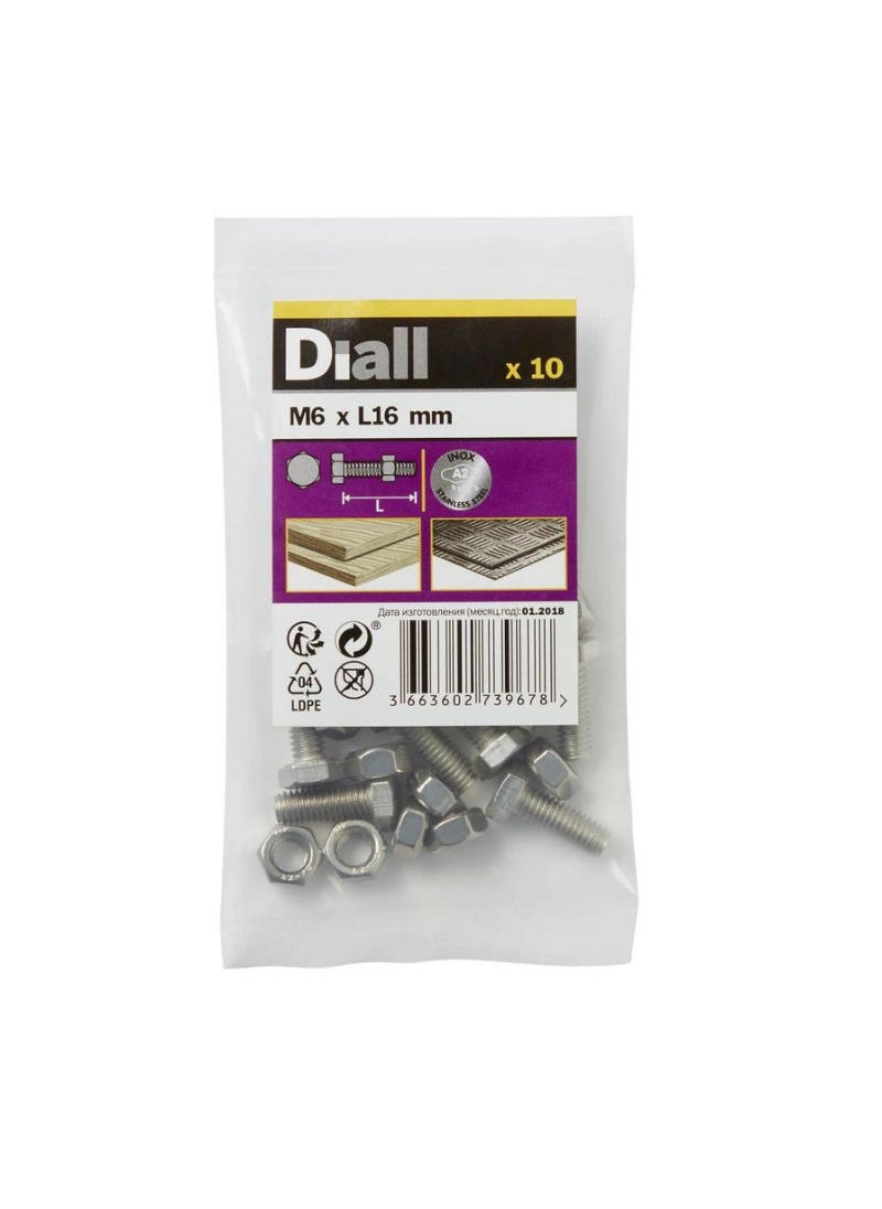ACE - Diall Stainless Steel Hex Nut And Bolt Pack M6 x 16mm 10Pcs - Image 1