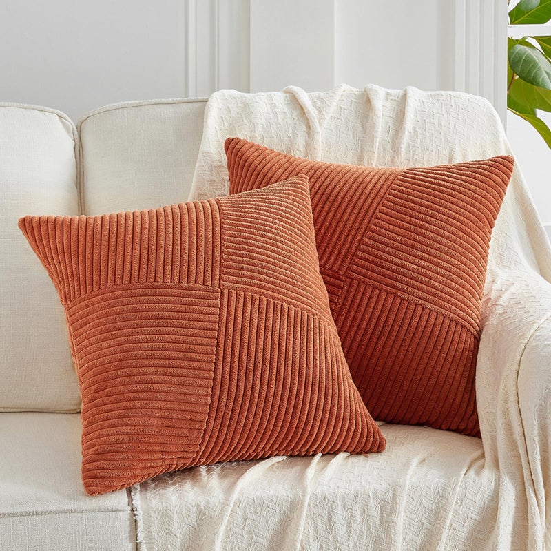 Fancy Homi Set of 2 Burnt Orange Boho Decorative Throw Pillow Covers 20x20 Inch with Diagonally Pattern for Living Room Couch Bed Sofa  Soft Textured Corduroy Aesthetic Farmhouse Home Decor 50x50 cm