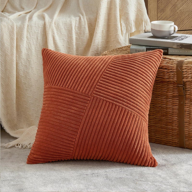 Fancy Homi Set of 2 Burnt Orange Boho Decorative Throw Pillow Covers 20x20 Inch with Diagonally Pattern for Living Room Couch Bed Sofa  Soft Textured Corduroy Aesthetic Farmhouse Home Decor 50x50 cm
