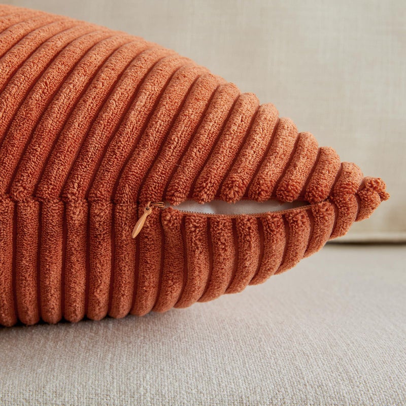 Fancy Homi Set of 2 Burnt Orange Boho Decorative Throw Pillow Covers 20x20 Inch with Diagonally Pattern for Living Room Couch Bed Sofa  Soft Textured Corduroy Aesthetic Farmhouse Home Decor 50x50 cm