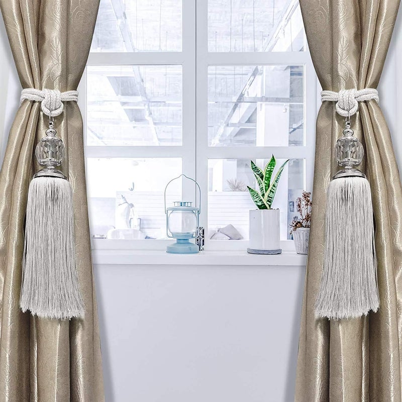 KOLAKO Curtain Tiebacks Crystal Curtain Holdbacks Hooks Handmade Curtain Tieback Rope Tassel Bead Ball Curtain Tie Backs Holder Home Decoration 2 Pack Beige White - Image 4