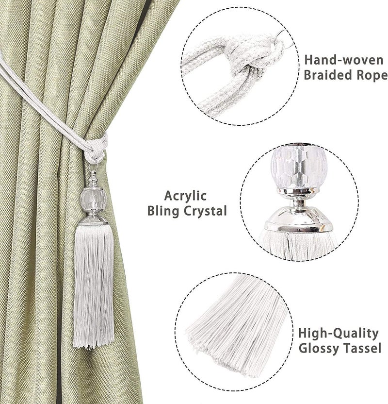 KOLAKO Curtain Tiebacks Crystal Curtain Holdbacks Hooks Handmade Curtain Tieback Rope Tassel Bead Ball Curtain Tie Backs Holder Home Decoration 2 Pack Beige White - Image 2