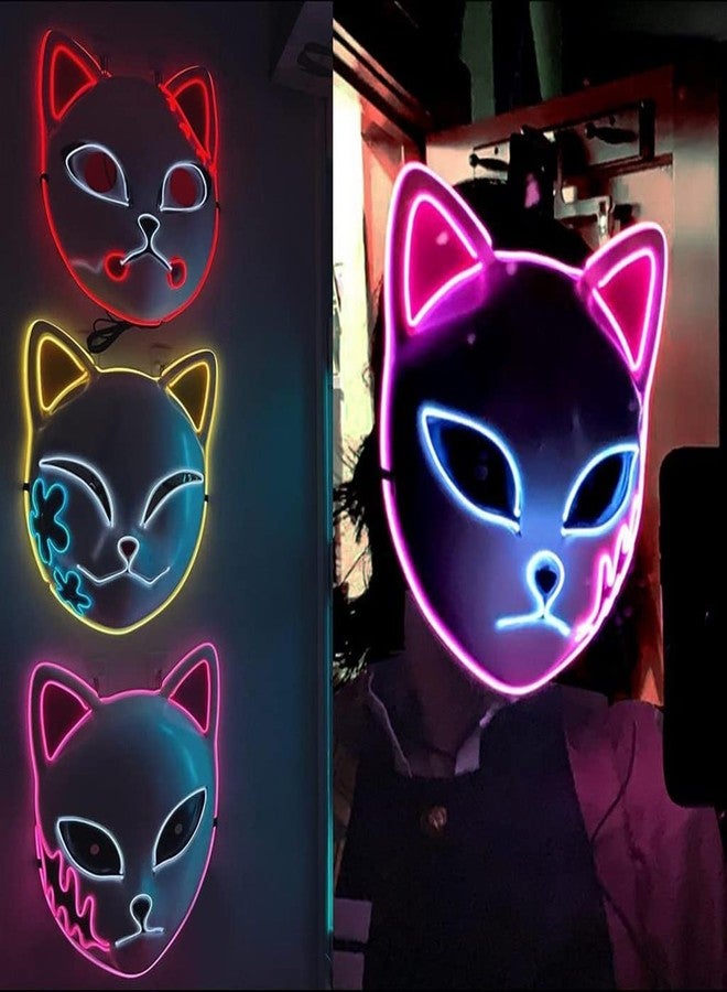 CAFELE 3Pcs Demon LED Mask Slayers Costume Props Japanese Anime Plastic Fox Face Cosplay Glowing Masks for Masquerade Festival Party - Image 1