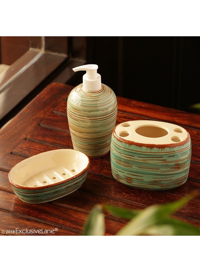 ExclusiveLane Elegant Ceramic Bathroom Accessory Set of 3 (Liquid Soap Dispenser, Soap Dish, Toothbrush Holder) - Sea Green & Brown (EL-022-016) - Image 1