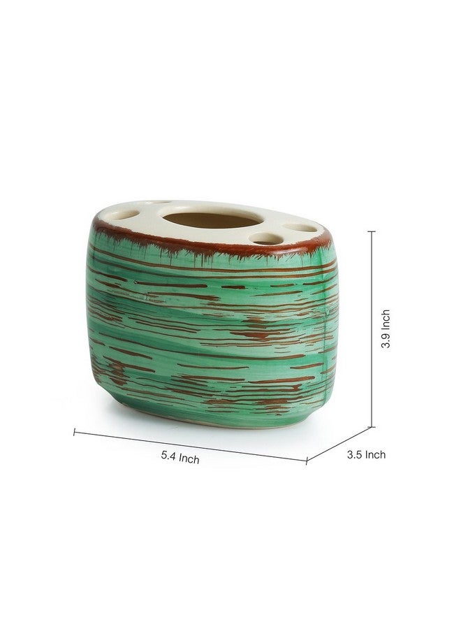 ExclusiveLane Elegant Ceramic Bathroom Accessory Set of 3 (Liquid Soap Dispenser, Soap Dish, Toothbrush Holder) - Sea Green & Brown (EL-022-016) - Image 4