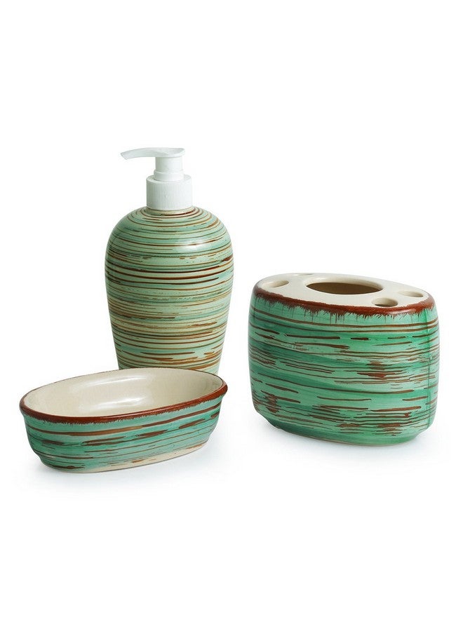 ExclusiveLane Elegant Ceramic Bathroom Accessory Set of 3 (Liquid Soap Dispenser, Soap Dish, Toothbrush Holder) - Sea Green & Brown (EL-022-016) - Image 2