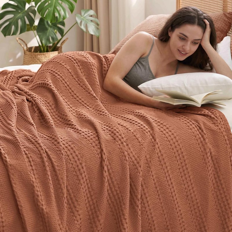 PHF Cooling Waffle Blanket King Size, Lightweight 60% Rayon Derived from Bamboo & 40% Cotton Breathable Blanket for Hot Sleepers, Soft and Luxury for Bed Couch and Sofa, 104"x90", Burnt Umber - Image 1