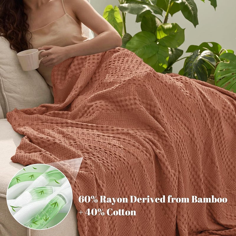 PHF Cooling Waffle Blanket King Size, Lightweight 60% Rayon Derived from Bamboo & 40% Cotton Breathable Blanket for Hot Sleepers, Soft and Luxury for Bed Couch and Sofa, 104"x90", Burnt Umber - Image 2