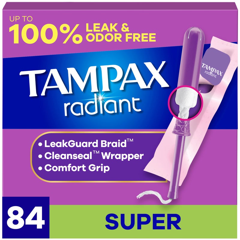 Tampax Radiant Tampons for Women, with LeakGuard Braid, Super Absorbency, Unscented, 84 Count (3 Packs of 28) - Image 1