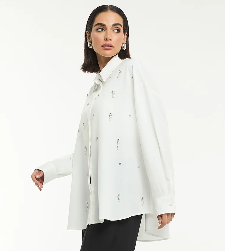 بي سي بي جي BCBG EMBELLISHED OVERSIZED FLUID SHIRT