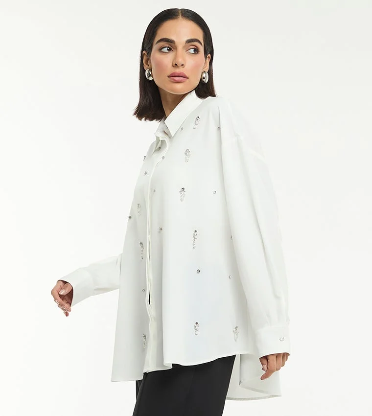بي سي بي جي BCBG EMBELLISHED OVERSIZED FLUID SHIRT