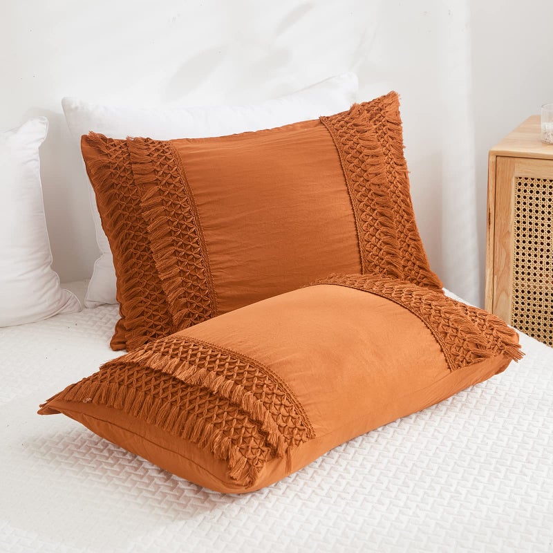 Rust Tassel Pillowcases Burnt Orange Boho Pillow Cases Set of 2 100 Washed Microfiber Boho HandMade Tassel Pillow Cover 2 Pack Queen Rust Tassel