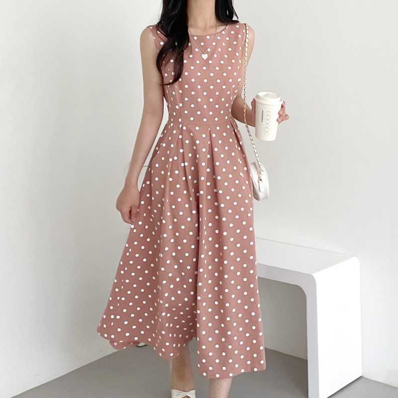 Korean Chic Vintage Polka Dot Tie-Waist Sleeveless Maxi Dress - Image 1