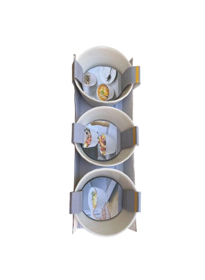 طقم أطباق بورسلين من 3 قطع، دائري، بتصميم هندسي منقوش، أبيض - Image 1