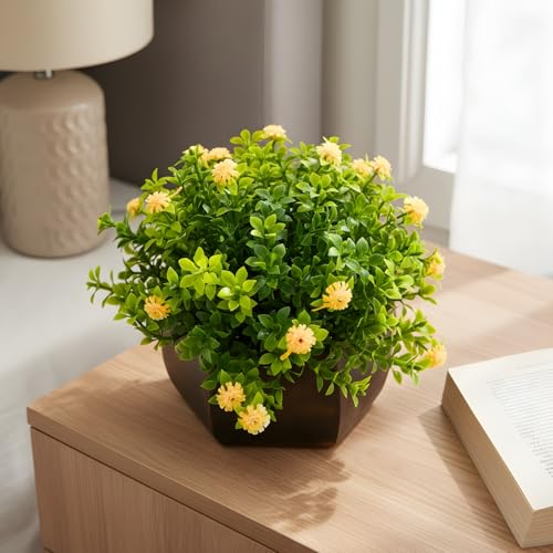 fancymart Artificial Flower Leaves in Wood Hexagon Pot - Yellow - 14cm Height - Home & Office Decor Elegant Potted Plant for Tabletop Enhancement - Image 1