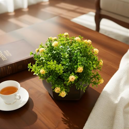 fancymart Artificial Flower Leaves in Wood Hexagon Pot - Yellow - 14cm Height - Home & Office Decor Elegant Potted Plant for Tabletop Enhancement - Image 3