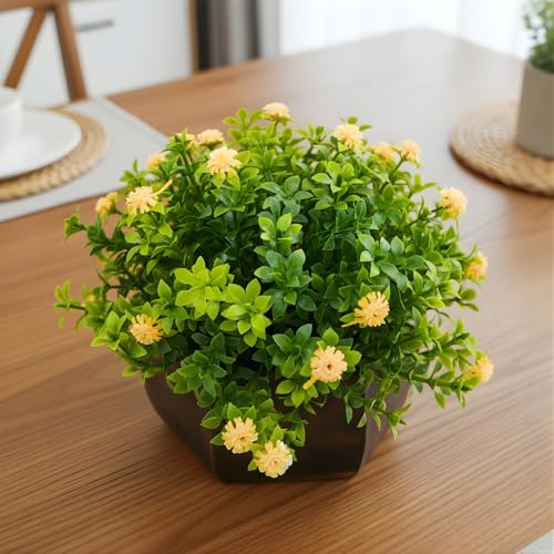 fancymart Artificial Flower Leaves in Wood Hexagon Pot - Yellow - 14cm Height - Home & Office Decor Elegant Potted Plant for Tabletop Enhancement - Image 4