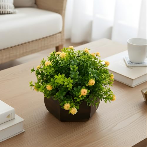 fancymart Artificial Flower Leaves in Wood Hexagon Pot - Yellow - 14cm Height - Home & Office Decor Elegant Potted Plant for Tabletop Enhancement - Image 2