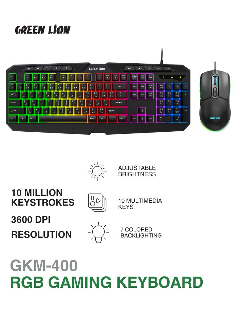 GREEN LION GK-400 RGB Gaming Keyboard & Mouse Set / Mouse and Keyboard Combo / 7 Color Backlighting / Adjustable Brightness / USB / Plug and Play / 3600 DPI Mouse / 1.5m Wire - Black - Image 1