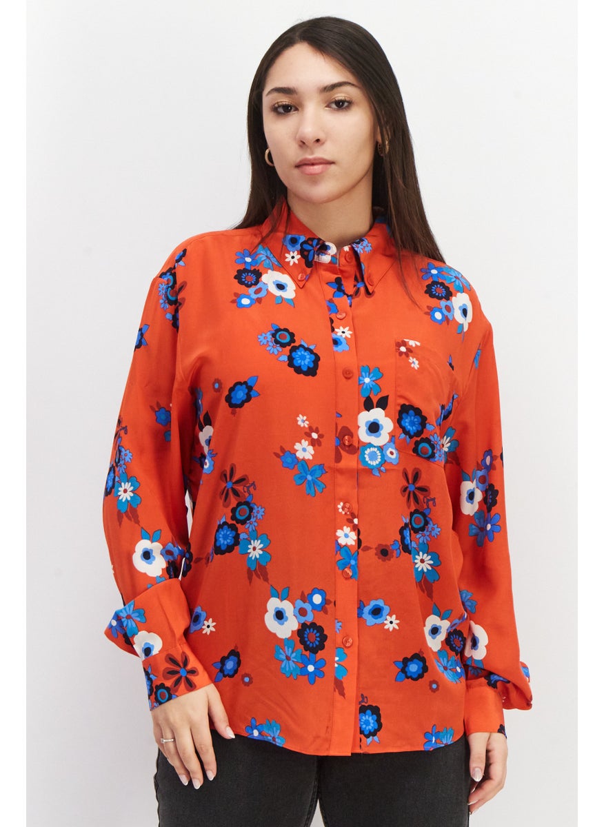 Juicy Couture Women Spread Collar Long Sleeve Floral Print Blouse, Red Combo  - Image 1