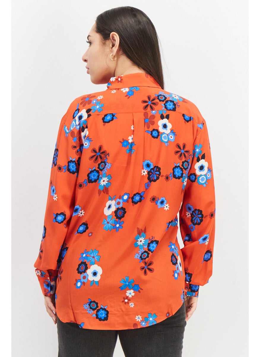 Juicy Couture Women Spread Collar Long Sleeve Floral Print Blouse, Red Combo  - Image 2