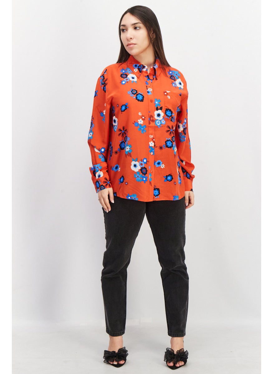 Juicy Couture Women Spread Collar Long Sleeve Floral Print Blouse, Red Combo  - Image 3