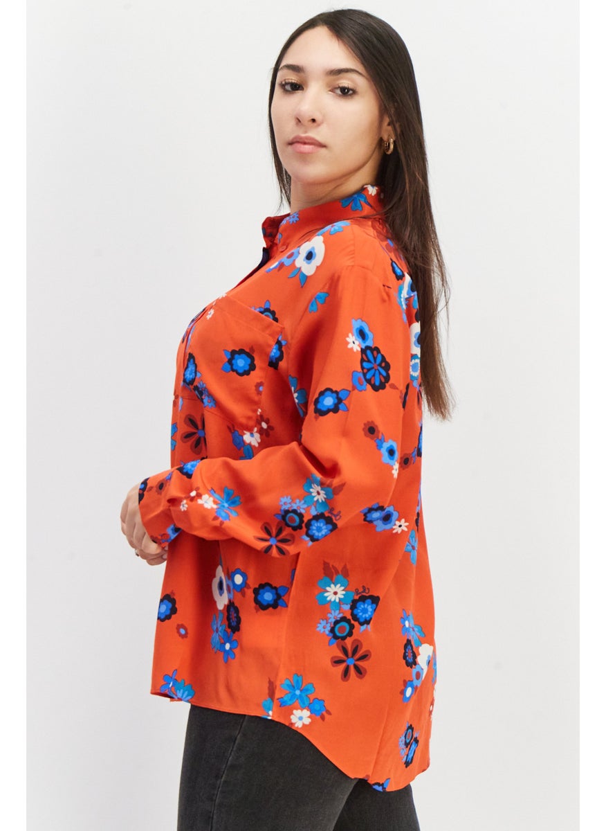 Juicy Couture Women Spread Collar Long Sleeve Floral Print Blouse, Red Combo  - Image 4