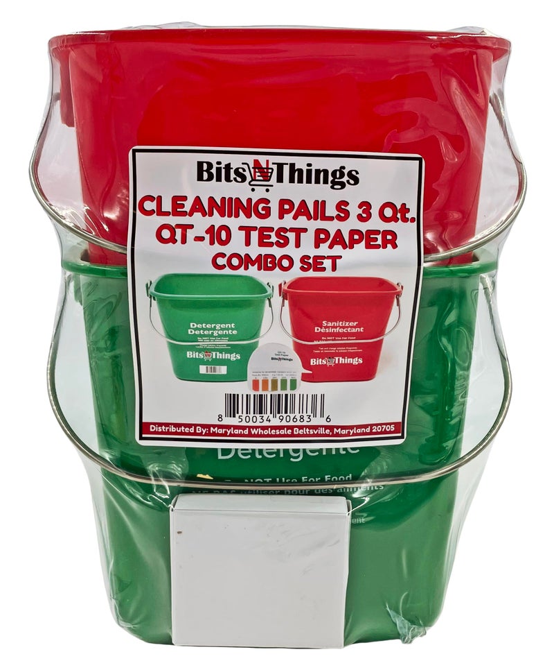 Bits N Things Cleaning Pails - Red Sanitizing (1), Green Detergent (1) 3 Quart,Cleaning Buckets, and QT-10 Quaternary Sanitizer Test Tape 15 feet Roll (1) - Image 2
