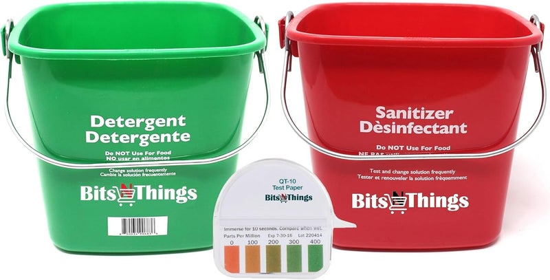 Bits N Things Cleaning Pails - Red Sanitizing (1), Green Detergent (1) 3 Quart,Cleaning Buckets, and QT-10 Quaternary Sanitizer Test Tape 15 feet Roll (1) - Image 1
