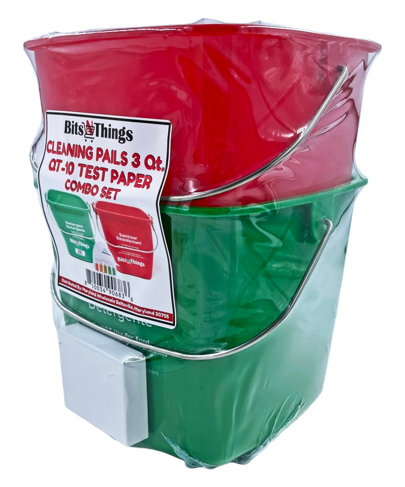 Bits N Things Cleaning Pails - Red Sanitizing (1), Green Detergent (1) 3 Quart,Cleaning Buckets, and QT-10 Quaternary Sanitizer Test Tape 15 feet Roll (1) - Image 3