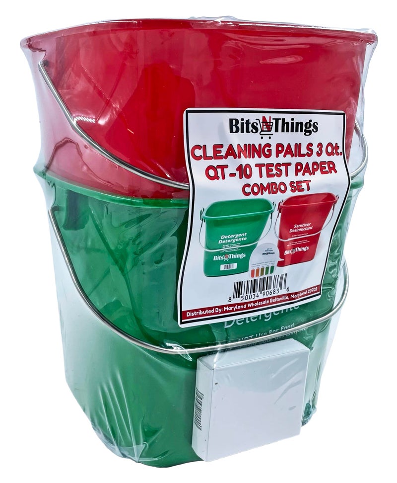 Bits N Things Cleaning Pails - Red Sanitizing (1), Green Detergent (1) 3 Quart,Cleaning Buckets, and QT-10 Quaternary Sanitizer Test Tape 15 feet Roll (1) - Image 4